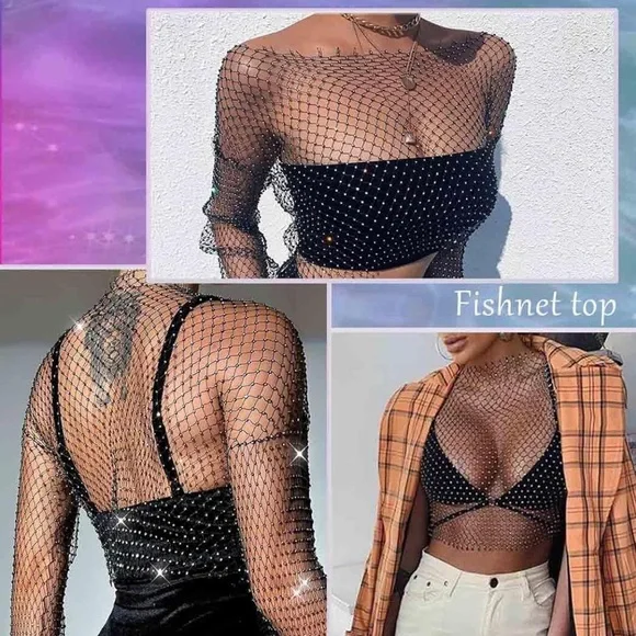 Mesh Crystal Long Sleeve See Through Top - Picture 2 of 7